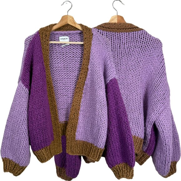FRNCH Lorene Violet Camel Cardigan Sweater Women's Medium Chunky Knit Open Front - Picture 3 of 15